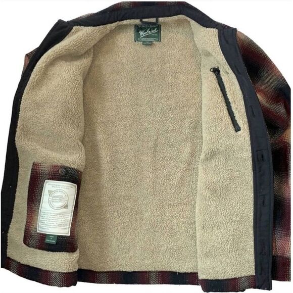 Woolrich Fleece Sherpa Lined Wool Plaid Button Down Shirt Coat Jacket Size L. Di - Picture 4 of 10